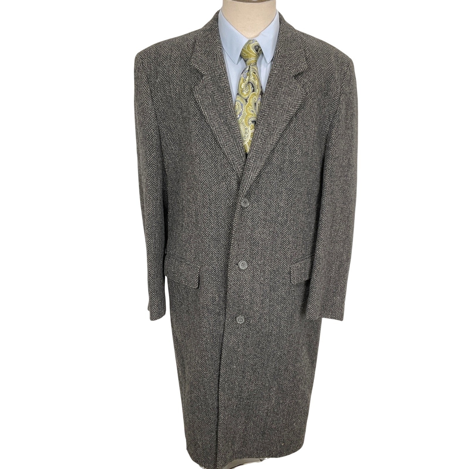 Vintage Overcoat Mens 44r Black Gray Herringbone Overcoat Long Heritage Wool Vtg